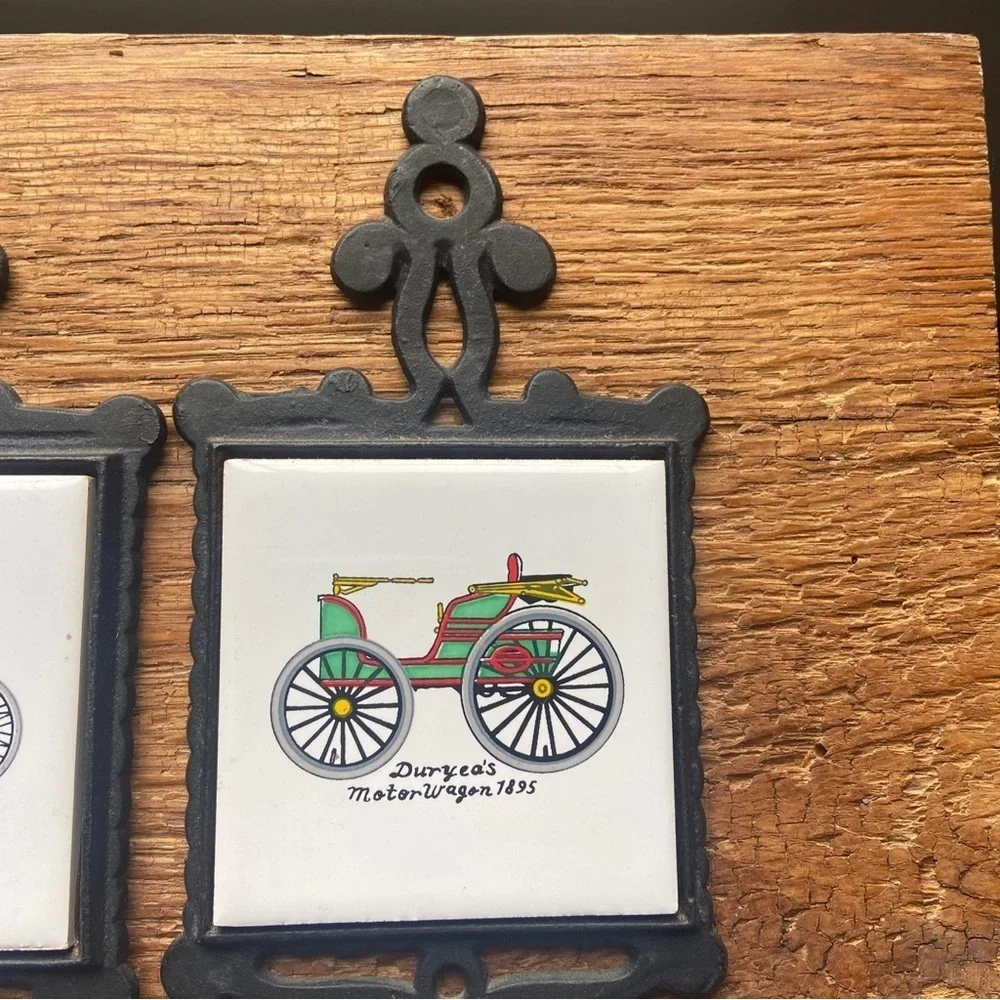 Set of 3 Vintage FORD Auto Car Cast Iron Trivets and Ceramic Tile Small Coasters